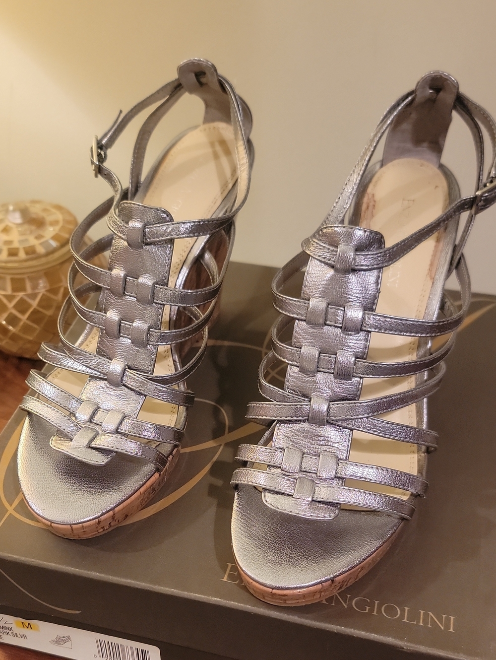 Enzo Angiolini Metallic Silver Strappy Wedge Sandals
